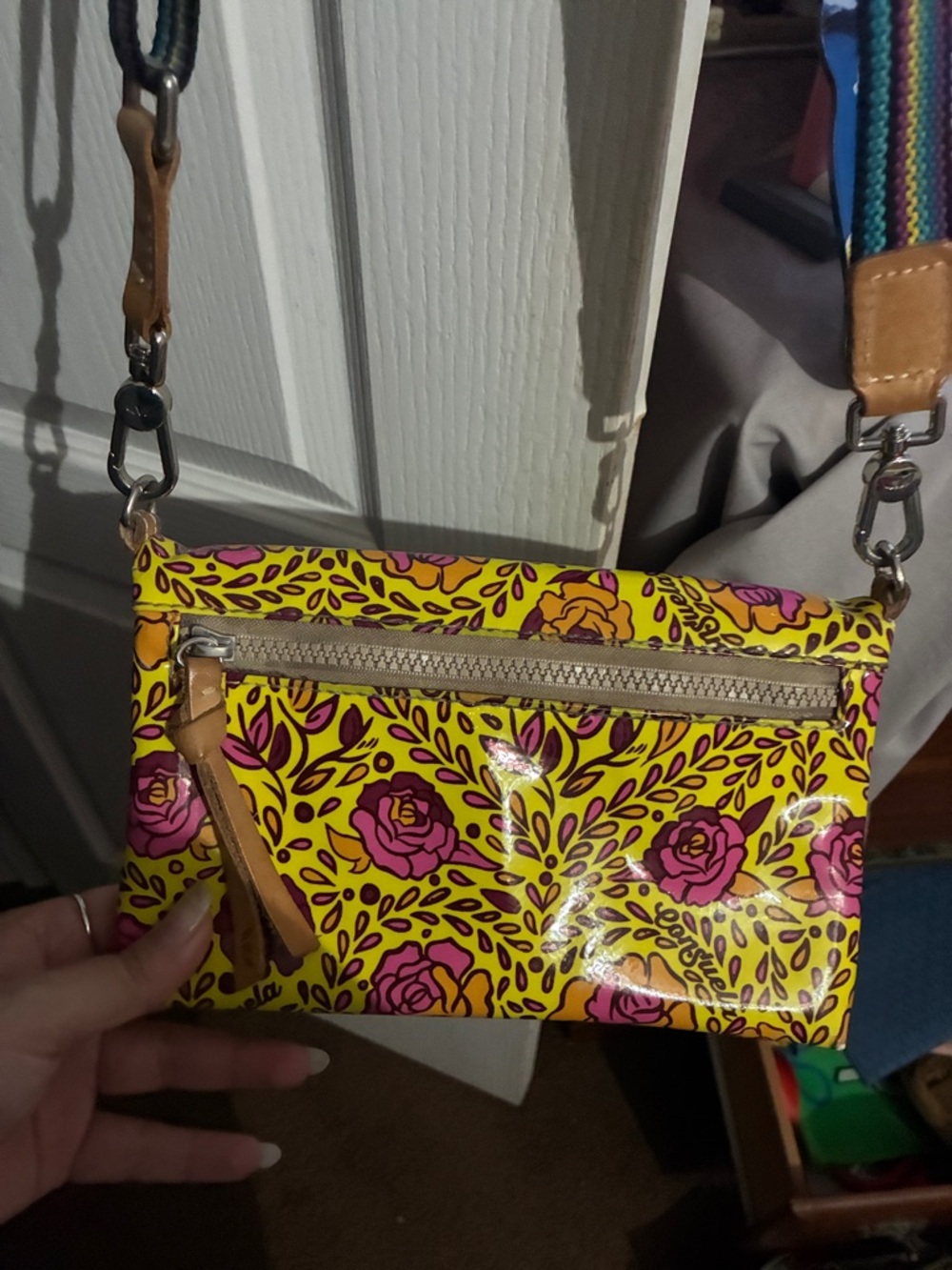 Consuela Yellow Floral Crossbody Bag with Pink and Orange Roses - Picture 3 of 3